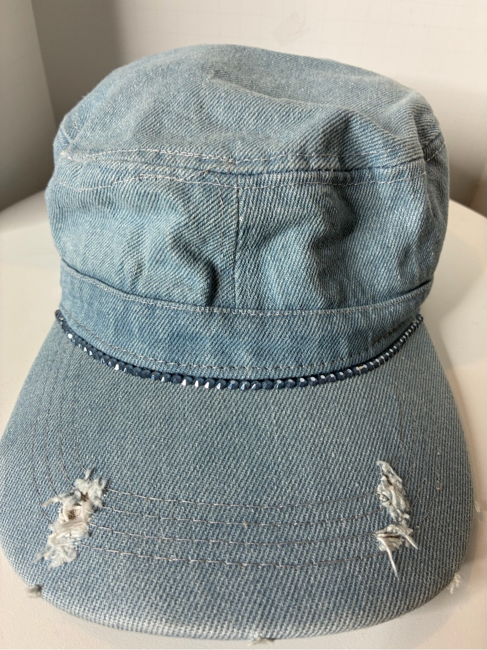 Denim Distressed Military Cap - Light Blue